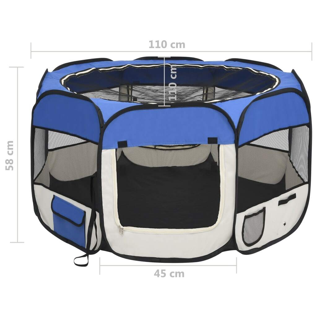 Blue foldable dog playpen with carrying bag, American Smart WB, 43.3x43.3x22.8 inches, ideal for pet containment and travel.