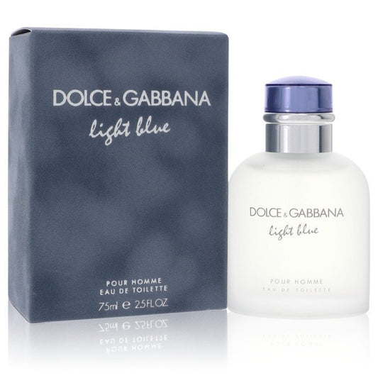 Light blue Dolce & Gabbana Eau De Toilette spray for men, 2.5 oz, with a light blue bottle and elegant packaging.