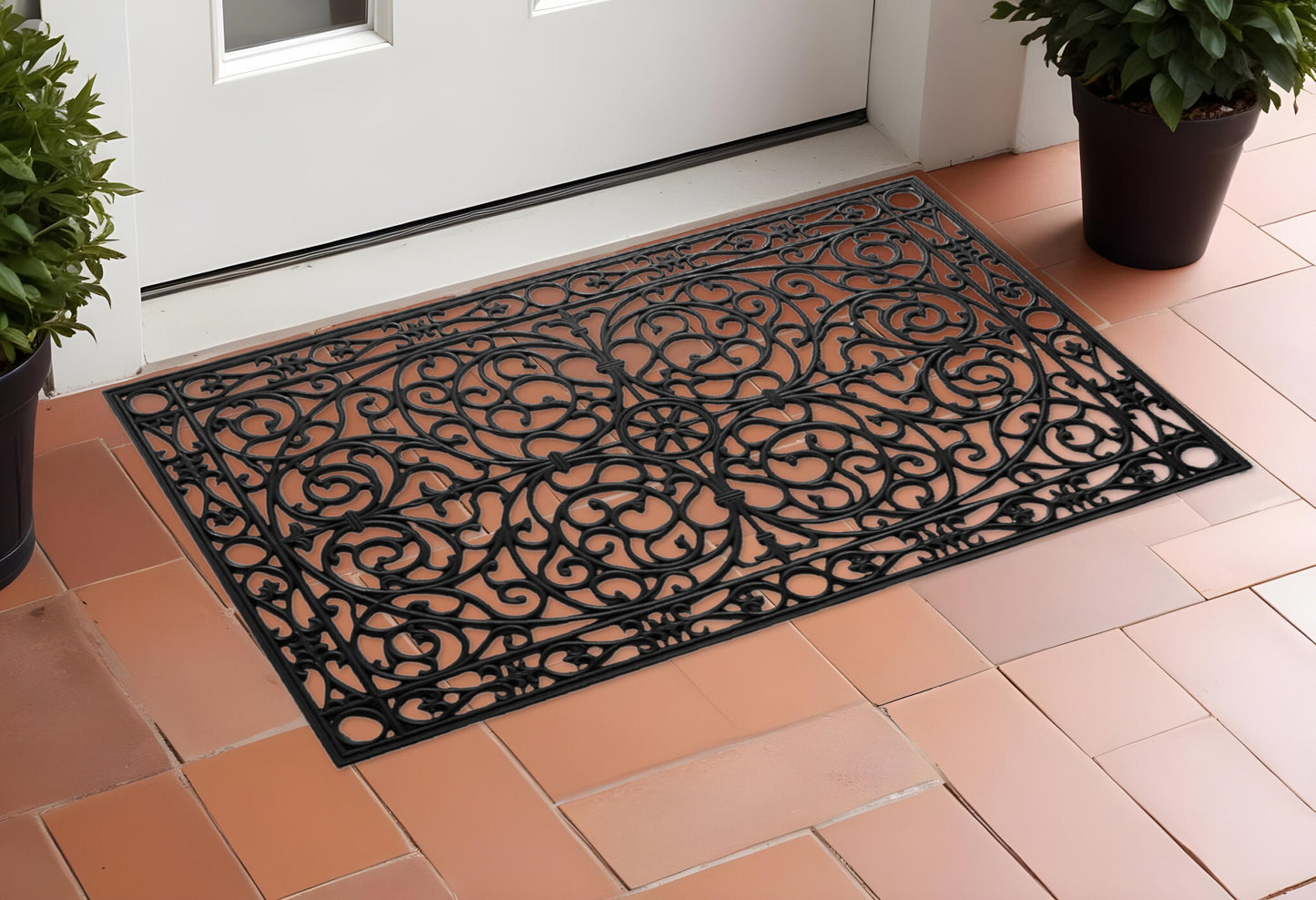 Black rubber outdoor door mat with scrollwork design, 24x36 inches, from American Smart WB, ideal for entryways.