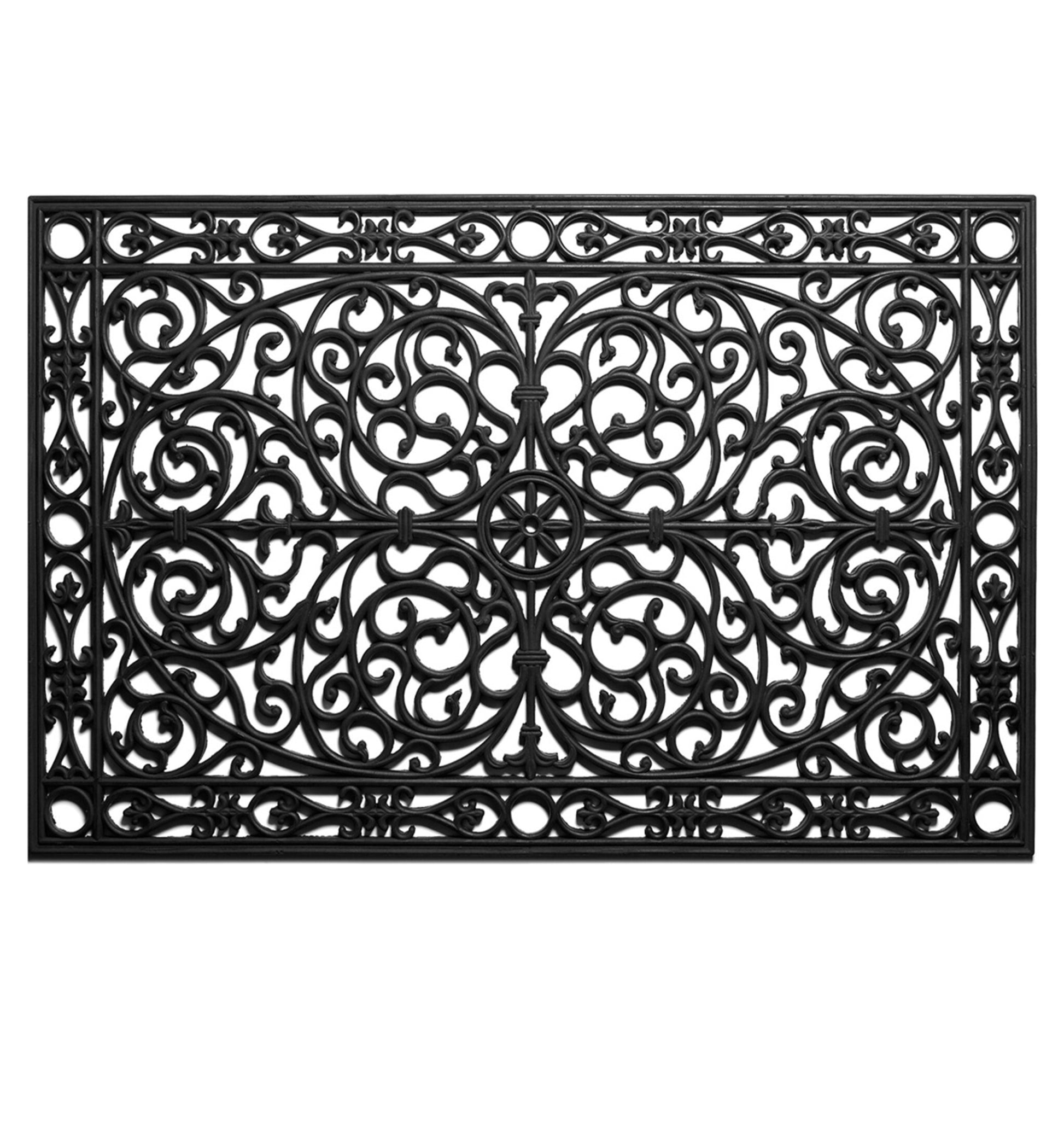 Black rubber outdoor door mat with intricate scrollwork design, 24x36 inches, by American Smart WB.