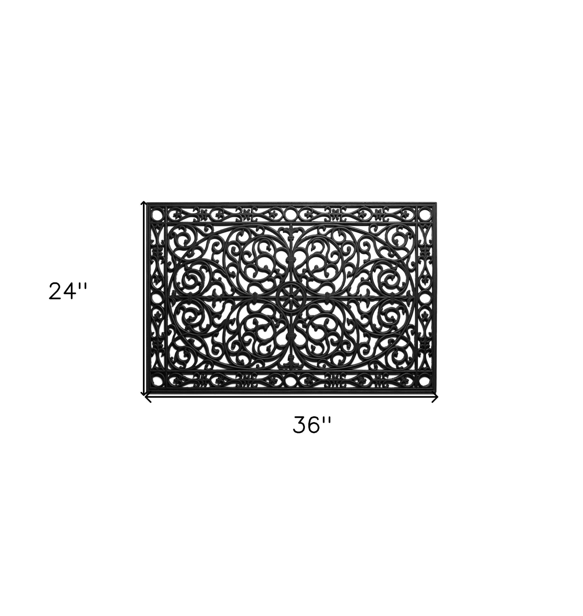 Black rubber scrollwork outdoor door mat measuring 24x36 inches by American Smart WB with intricate design.