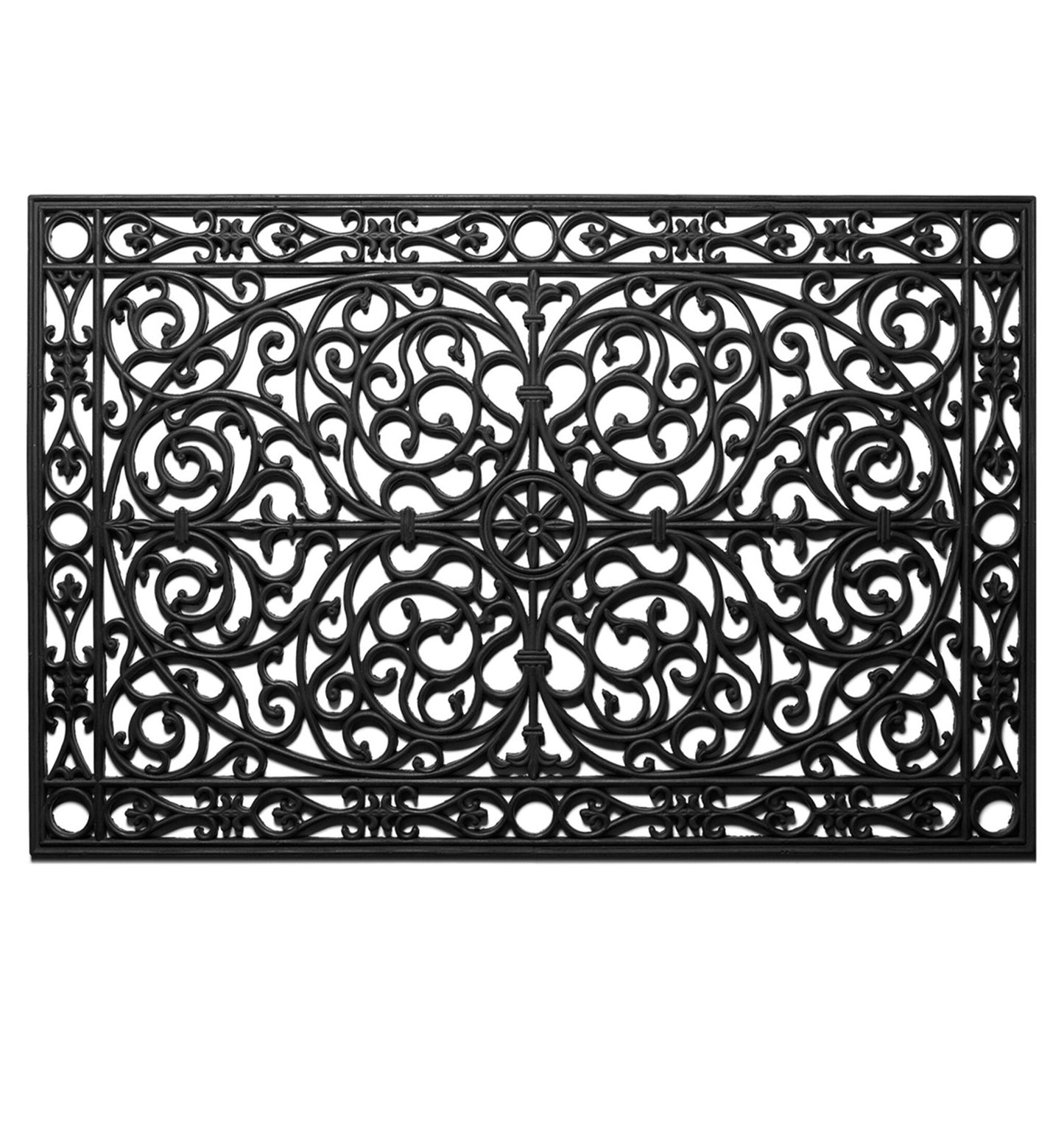 Black rubber outdoor door mat with scrollwork design, 24x36 inches, from American Smart WB, ideal for entryways and patios.