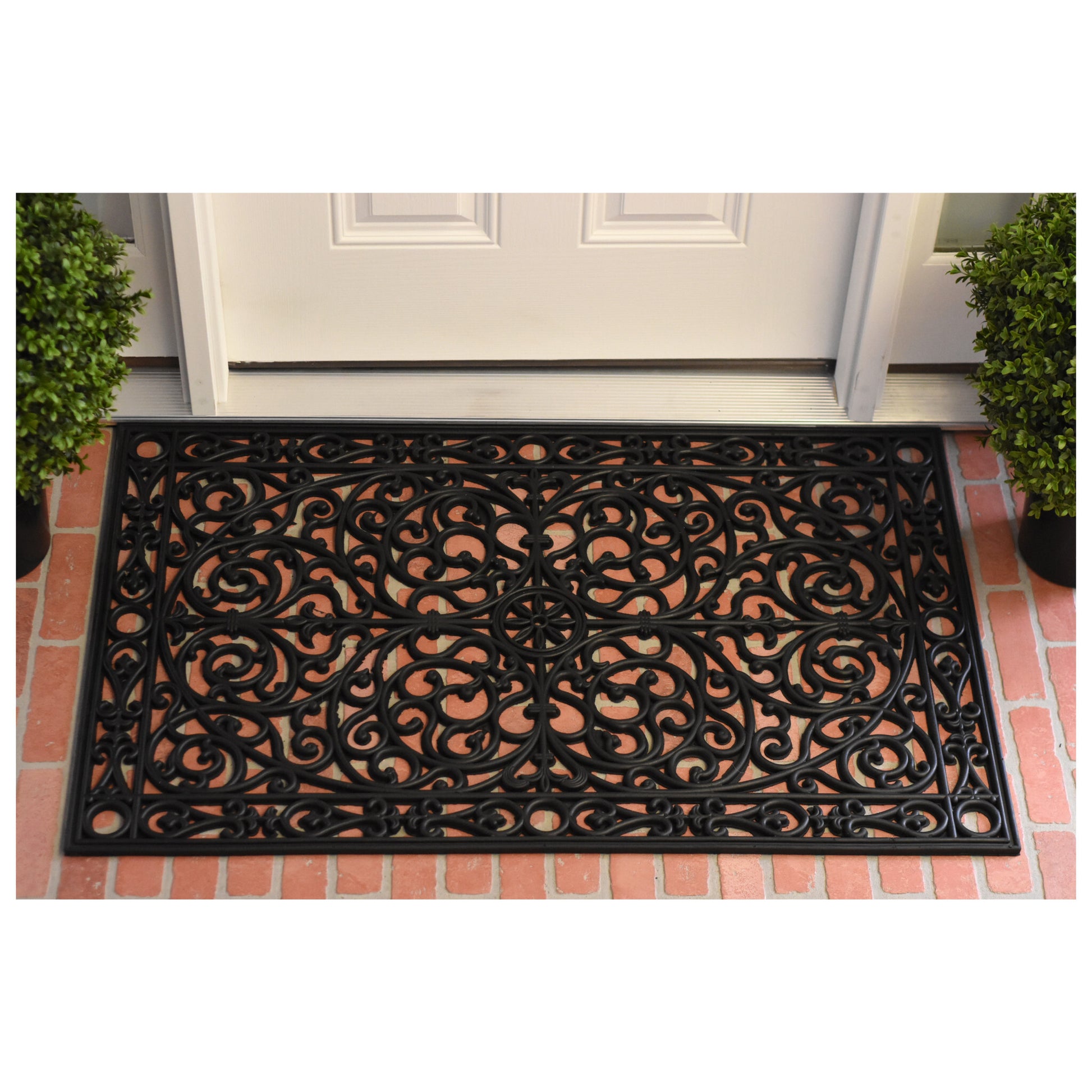 Black rubber outdoor door mat with scrollwork design, 24x36 inches, by American Smart WB, ideal for entryways and patios.