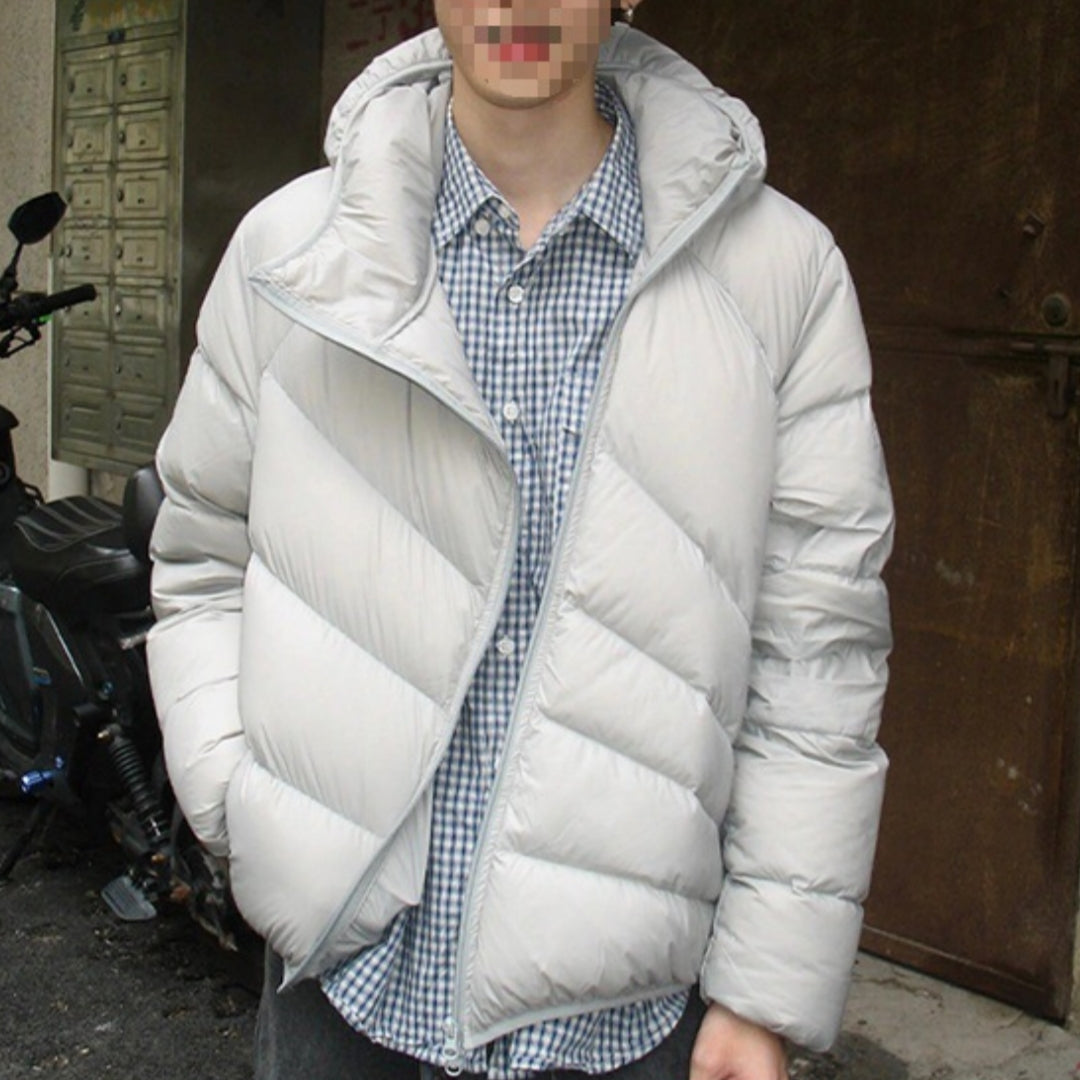 Men's thickened warm loose-fit down jacket with diagonal zipper, American Smart WB winter coat, insulated and stylish outerwear.