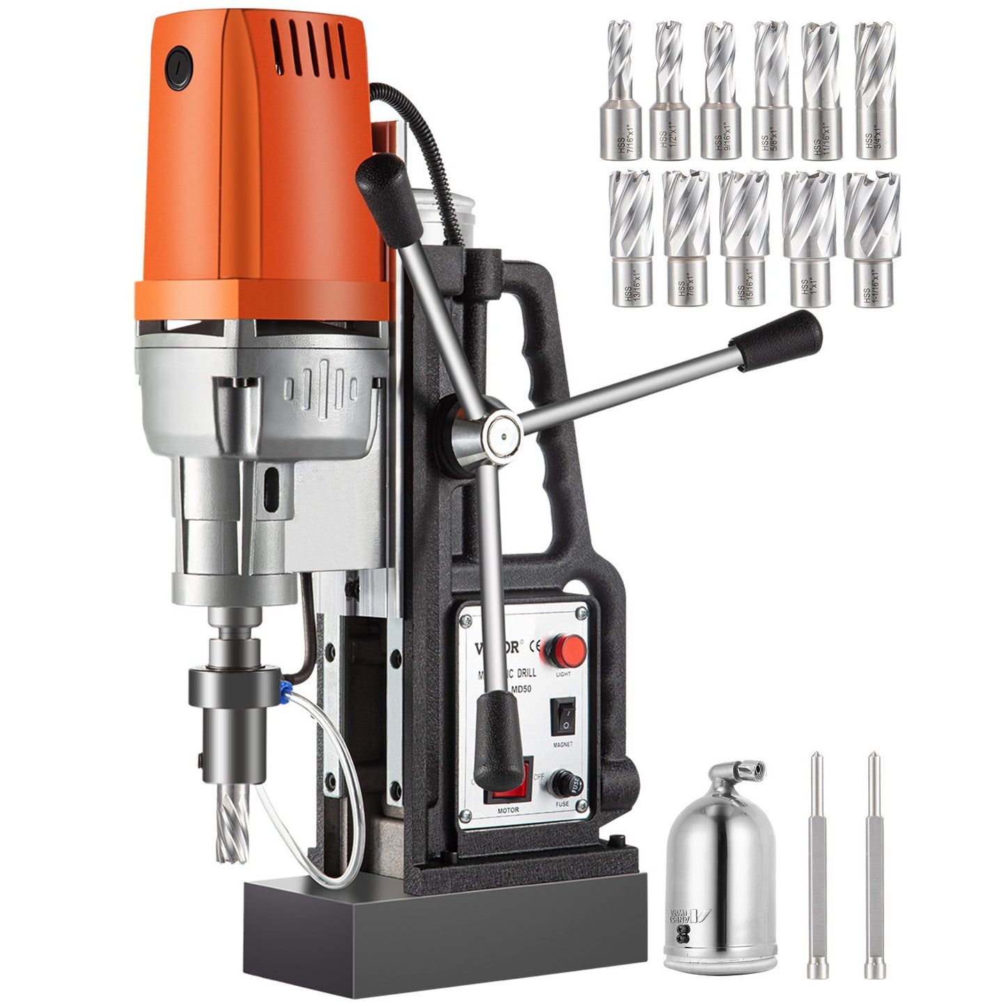 American Smart 1450W magnetic drill press with 2-inch boring capacity, 11 HSS annular cutter bits, and 2900 lbs holding force.