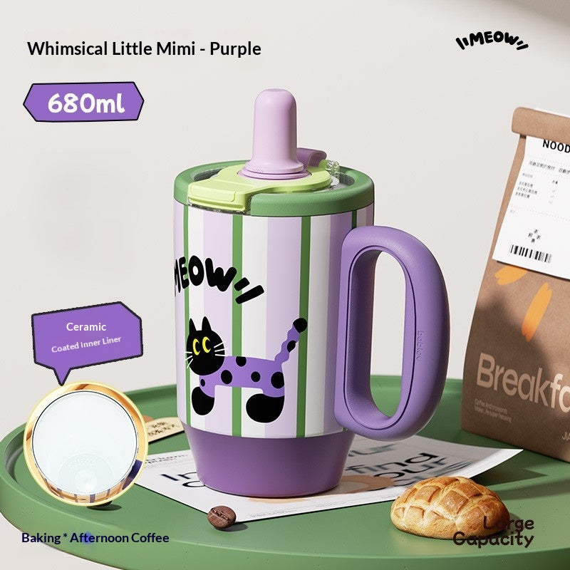 Color: Wonderful Little Cat, Capacity: 680ML - Large-capacity Mug With A Straw - American Smart