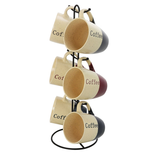 Set of six Elama Coffee House 12 oz. mugs in assorted colors with a stand, made of durable drinkware by American Smart WB.