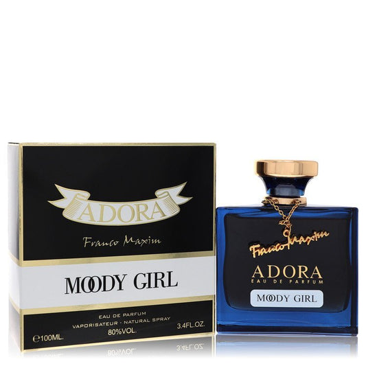 Dumont Adora Moody Girl Eau De Parfum spray by Dumont Paris, 3.4 oz, featuring elegant packaging and floral fragrance design.