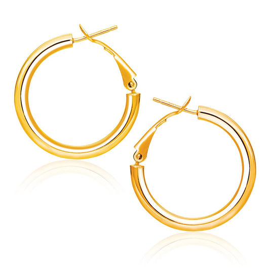 14k yellow gold high polish hoop earrings, 2x20mm, from American Smart, showcasing shiny, smooth round earrings.