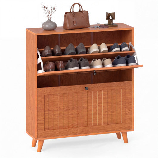 American Smart oak narrow shoe cabinet with adjustable and removable shelves for entryway or foyer storage.