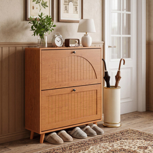 American Smart oak narrow shoe cabinet with adjustable and removable shelves for entryway or foyer storage.