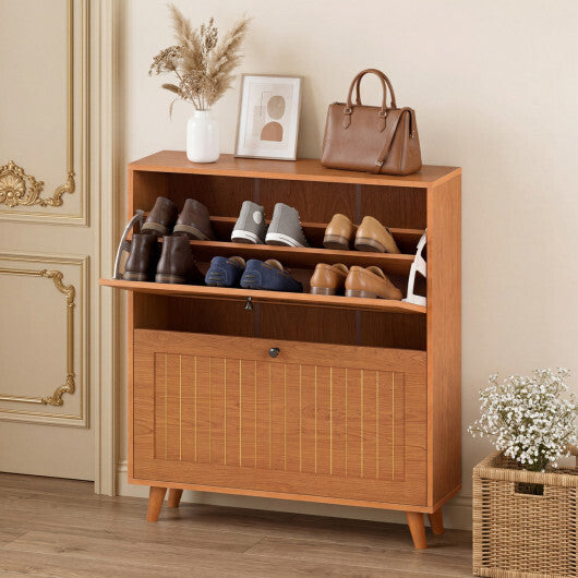 American Smart oak narrow shoe cabinet with adjustable and removable shelves for entryway or foyer storage.