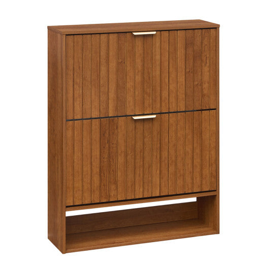 Walnut fluted hidden shoe cabinet with 2 flip drawers and open storage, entryway organizer by American Smart WB