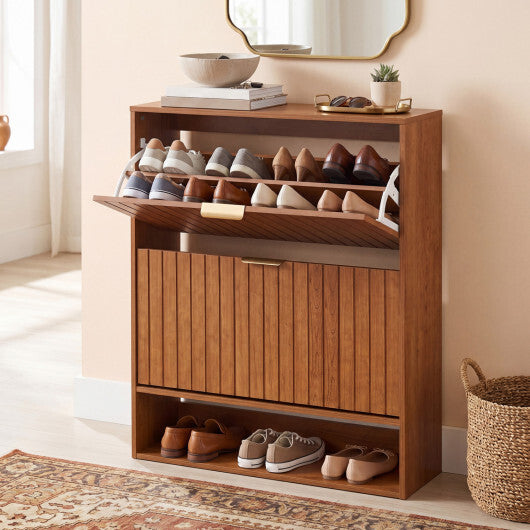 Walnut fluted entryway shoe cabinet with two flip drawers and open storage from American Smart WB, stylish and functional.