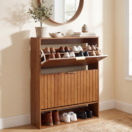 Walnut fluted hidden shoe cabinet with 2 flip drawers and open entryway storage, American Smart WB entryway furniture