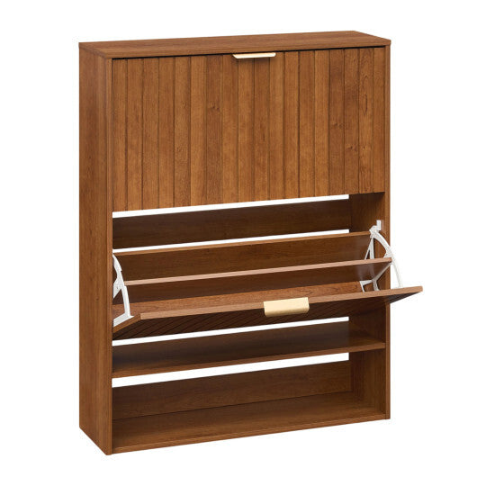 Walnut American Smart fluted entryway shoe cabinet with 2 flip drawers and open storage, showcasing a modern, stylish design.