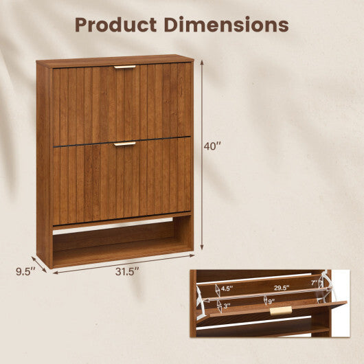 Walnut fluted entryway shoe cabinet by American Smart with 2 flip drawers and open storage for organized footwear.