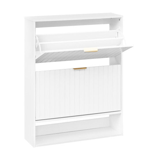 Walnut fluted entryway shoe cabinet with 2 flip drawers and open storage, American Smart WB design