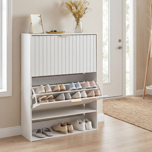 Walnut fluted hidden shoe cabinet with two flip drawers and open storage, ideal for modern entryways by American Smart WB