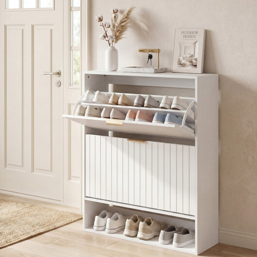 Walnut fluted hidden shoe cabinet with two flip drawers and open storage for entryway organization by American Smart WB