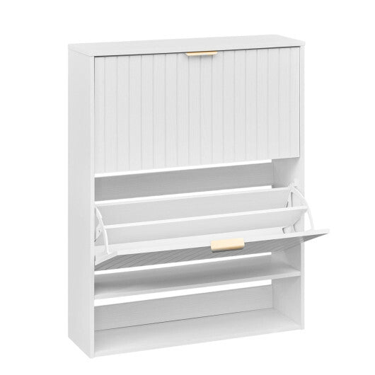 Walnut fluted hidden shoe cabinet with two flip drawers and open storage for entryway organization by American Smart WB