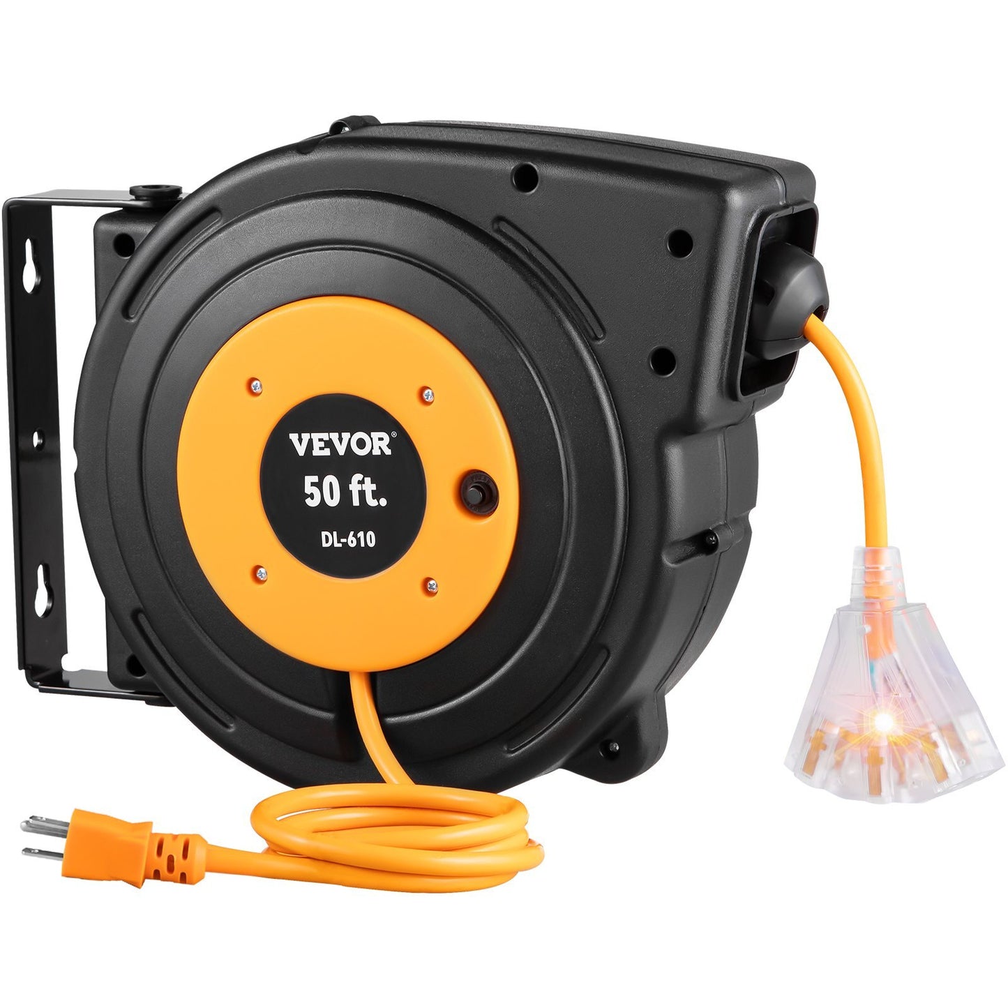 American Smart 50ft retractable extension cord reel with 14AWG/3C SJTOW power cord, ideal for heavy-duty electrical extension needs.
