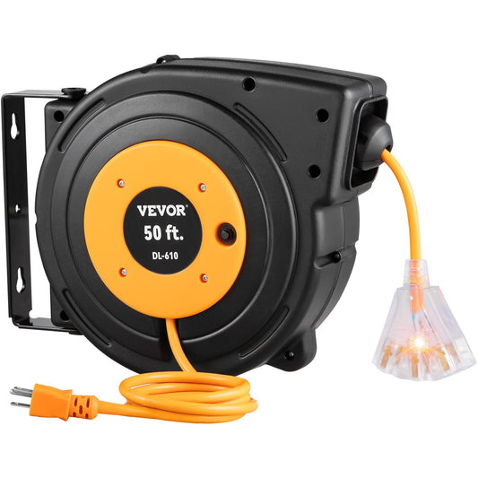 American Smart 50ft retractable extension cord reel with 14AWG/3C SJTOW power cord, ideal for heavy-duty electrical extension needs.