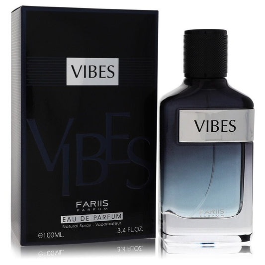 Fariis Vibes by Fariis Parfum Eau De Parfum spray for men, 3.4 oz, with sleek bottle design and modern branding.