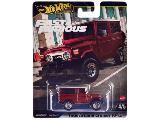Red Toyota Land Cruiser FJ43 diecast model car from Fast & Furious series by Hot Wheels, featuring white top and detailed design.