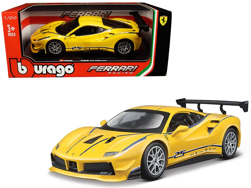 Yellow Ferrari 488 Challenge #25 diecast model car with blue racing stripes by Bburago, detailed 1/24 scale Ferrari racing car.