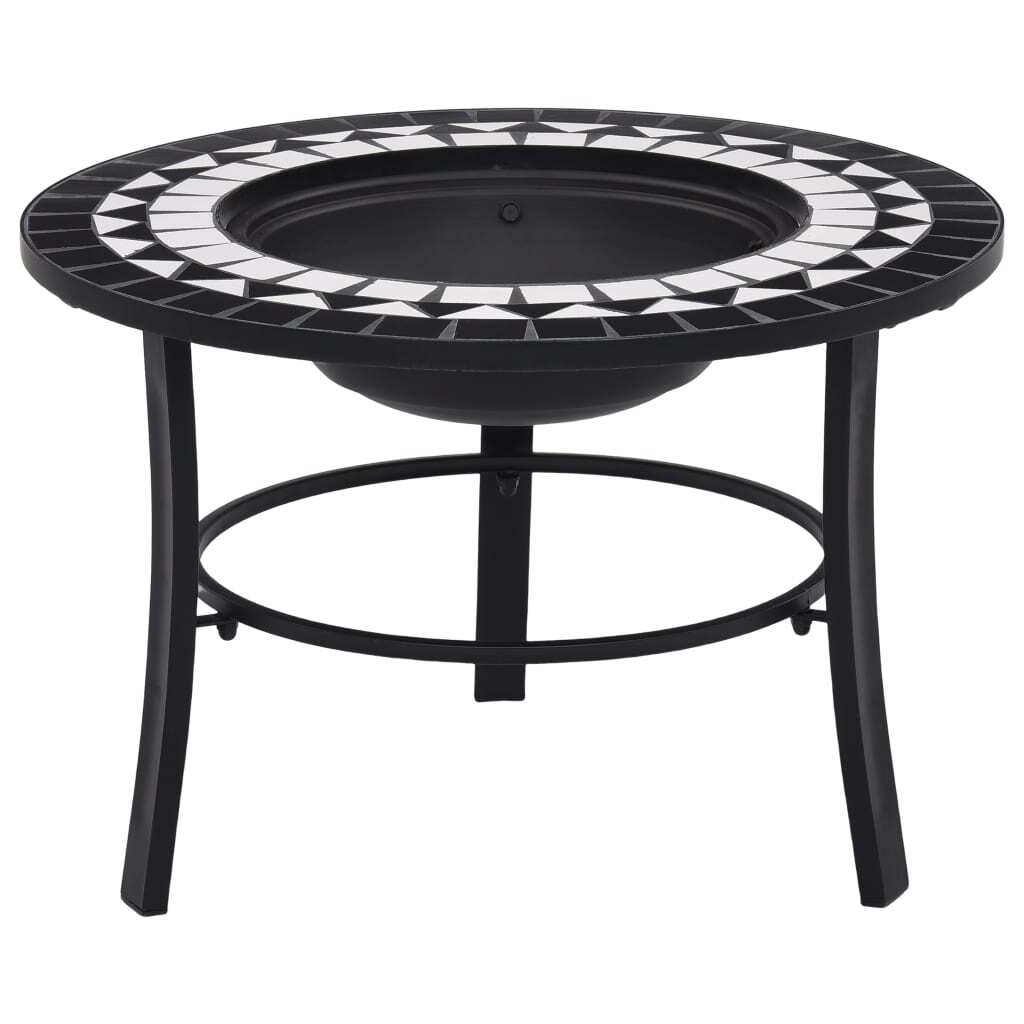 Black and white ceramic mosaic fire pit by American Smart, 26.8-inch outdoor fireplace with intricate tile design.