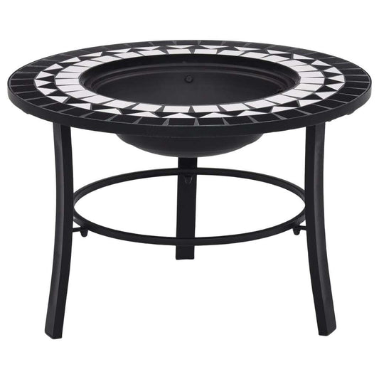 Black and white ceramic mosaic fire pit by American Smart, 26.8-inch outdoor fireplace with intricate tile design.