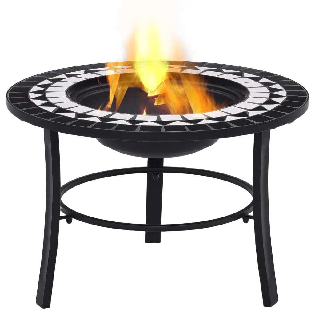 Black and white mosaic ceramic fire pit from American Smart WB, 26.8 inches, outdoor fireplace with intricate tile design.
