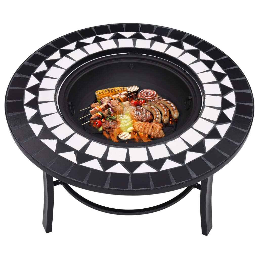 Black and white ceramic mosaic fire pit by American Smart, 26.8 inches, designed for outdoor fireplaces and fire features.