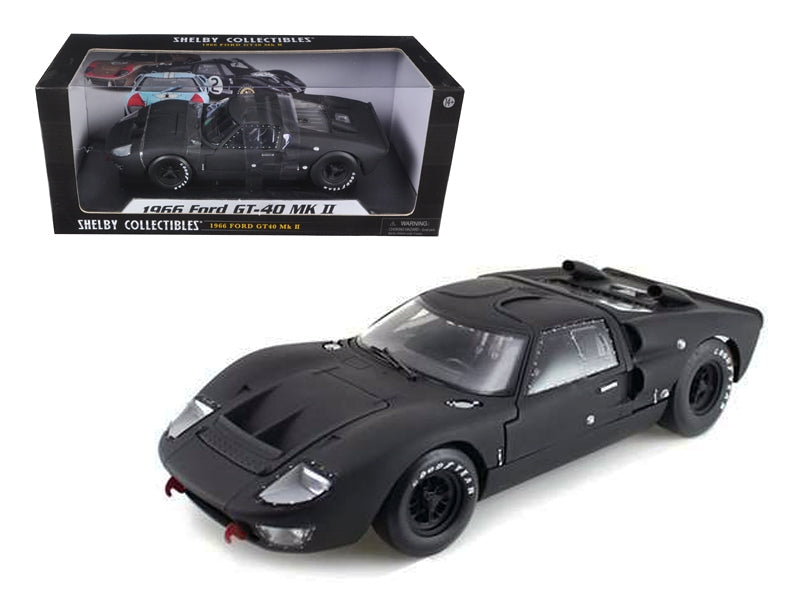 1966 Ford GT-40 MK 2 diecast car model in matte black by Shelby Collectibles, American Smart - WB, detailed 1/18 scale Ford model