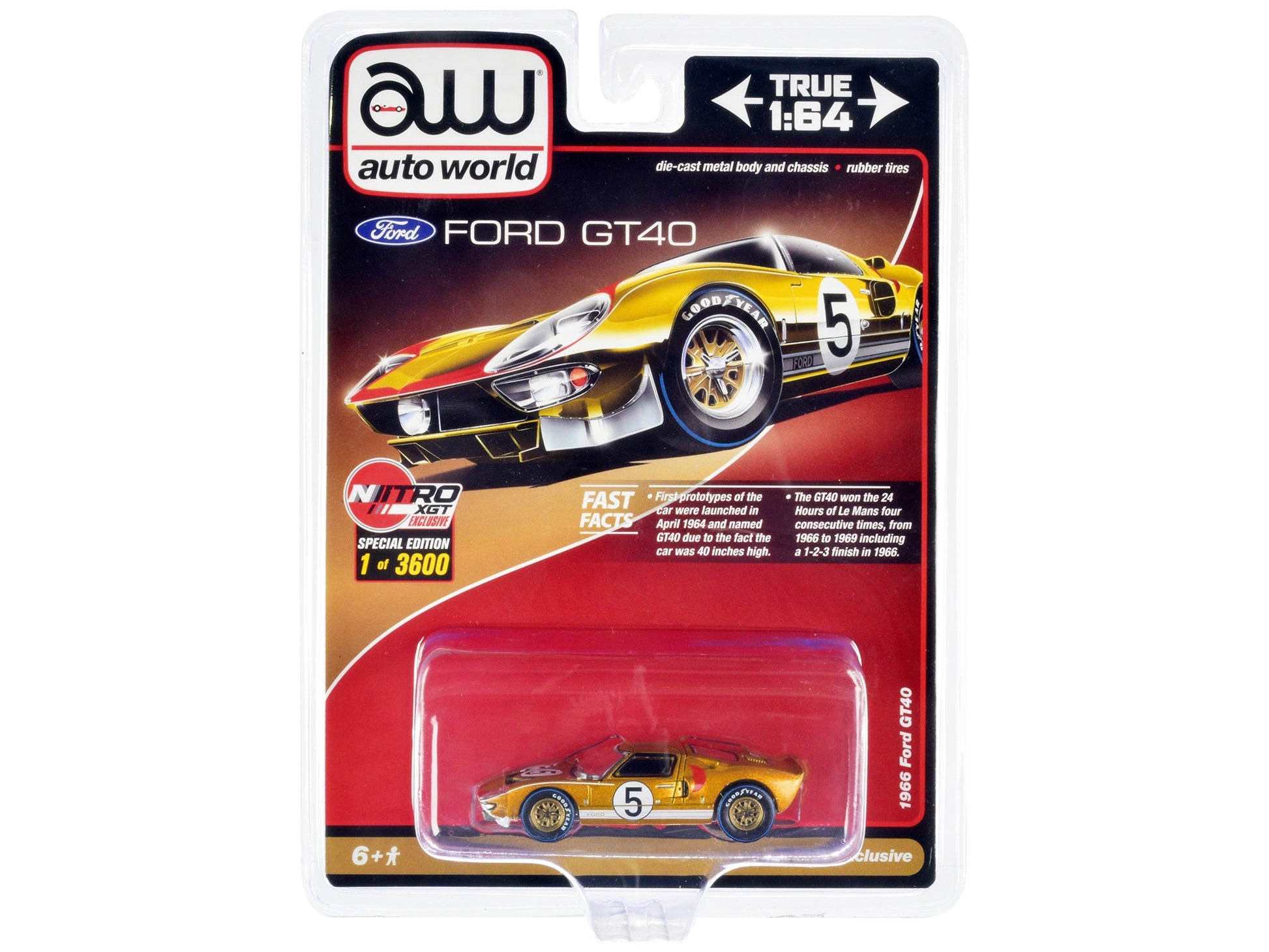 1966 Ford GT40 RHD diecast model car by American Smart WB in gold with graphics, limited edition 1/64 scale, detailed auto replica.