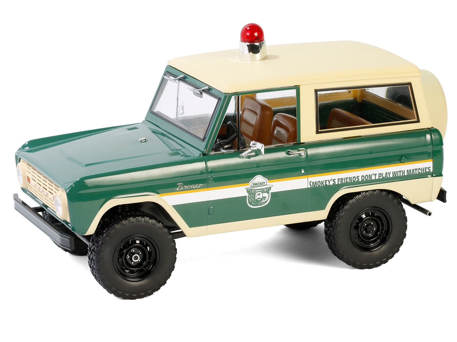 1967 Ford Bronco "Smokey Bear Forest Ranger" diecast model by Greenlight, green and cream with white stripes, 1/18 scale, artisan collection
