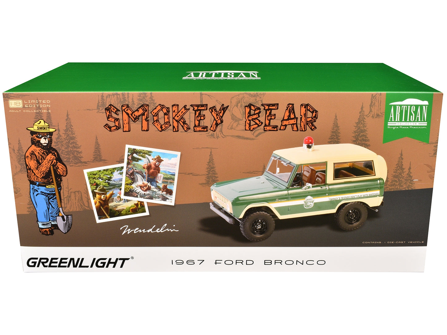 1967 Ford Bronco Smokey Bear Forest Ranger diecast model car in green and cream with white stripes, part of Greenlight's Artisan Collection.