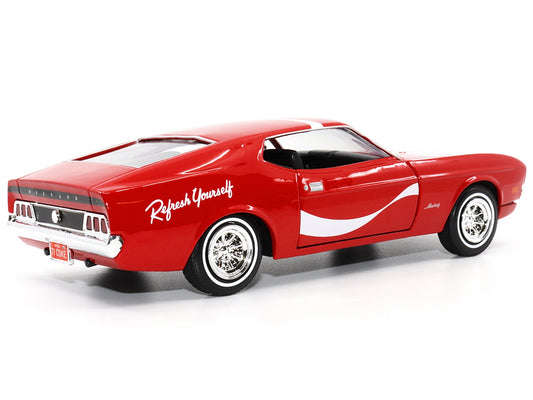 Red 1971 Ford Mustang Sportsroof diecast model car with white stripes by Motor City Classics, detailed American Smart WB collectible.
