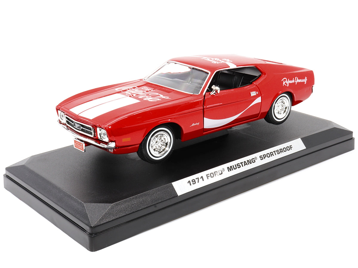 Red 1971 Ford Mustang Sportsroof diecast model car with white stripes, by Motor City Classics, detailed American Smart - WB collectible.