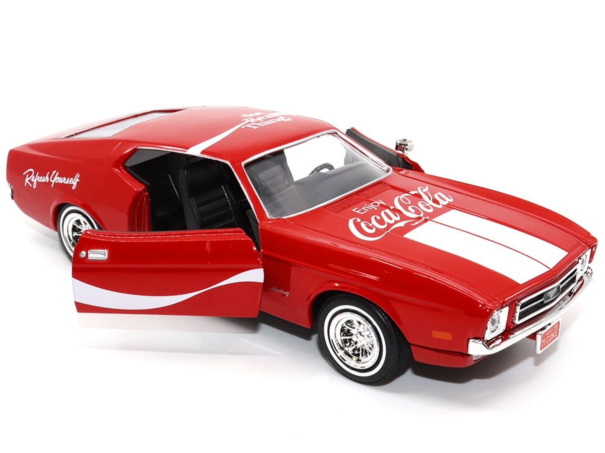 Red 1971 Ford Mustang Sportsroof diecast model car with white stripes by Motor City Classics, part of American Smart Ford model collection.