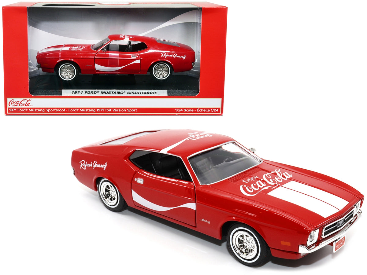 Red 1971 Ford Mustang Sportsroof diecast model car with white stripes, detailed American Smart WB brand by Motor City Classics.