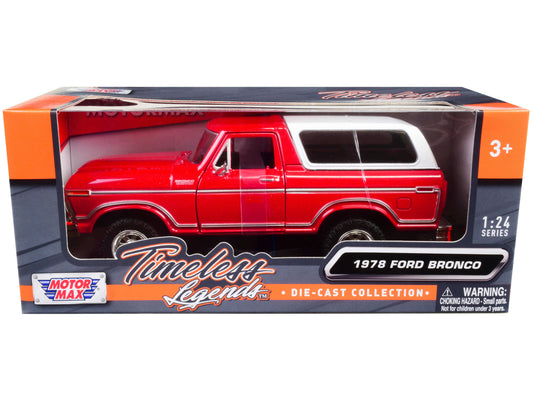 Red and white 1978 Ford Bronco diecast model car from the Timeless Legends series by Motormax, detailed 1/24 scale American Smart Ford model