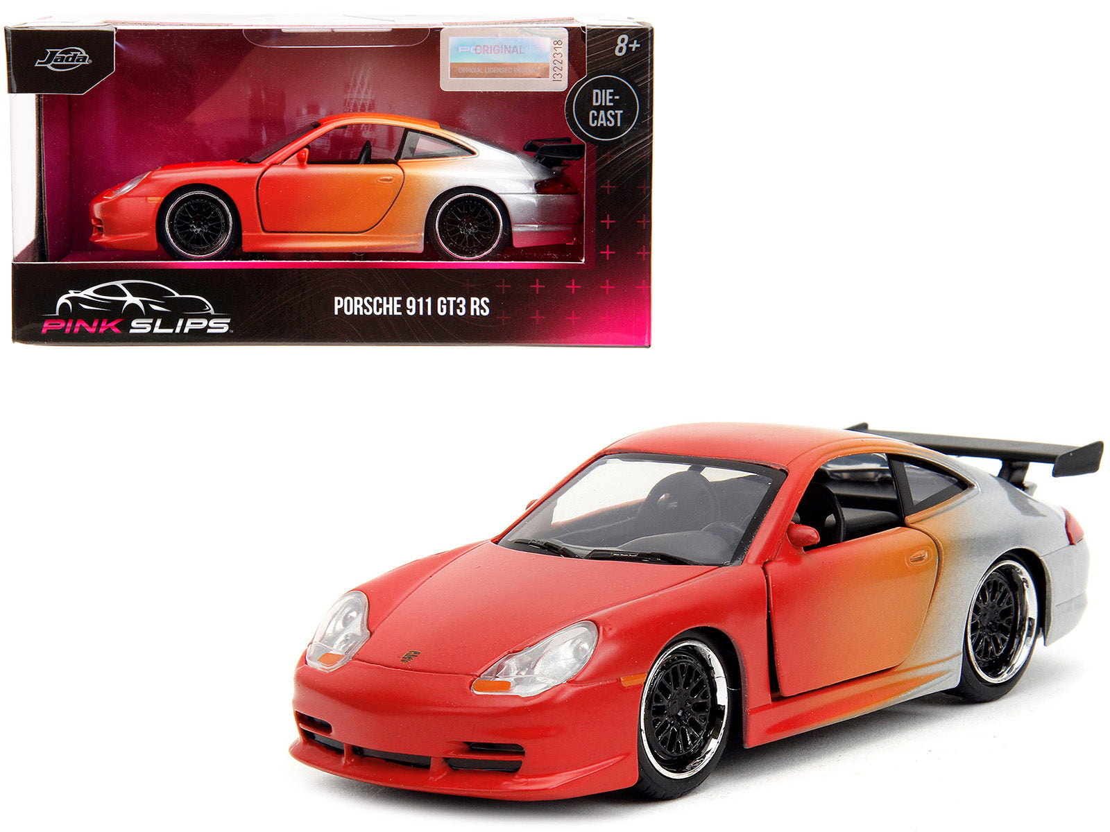 Detailed view of the Porsche 911 GT3 RS diecast model car in matte orange and silver metallic from the Pink Slips Series by Jada.