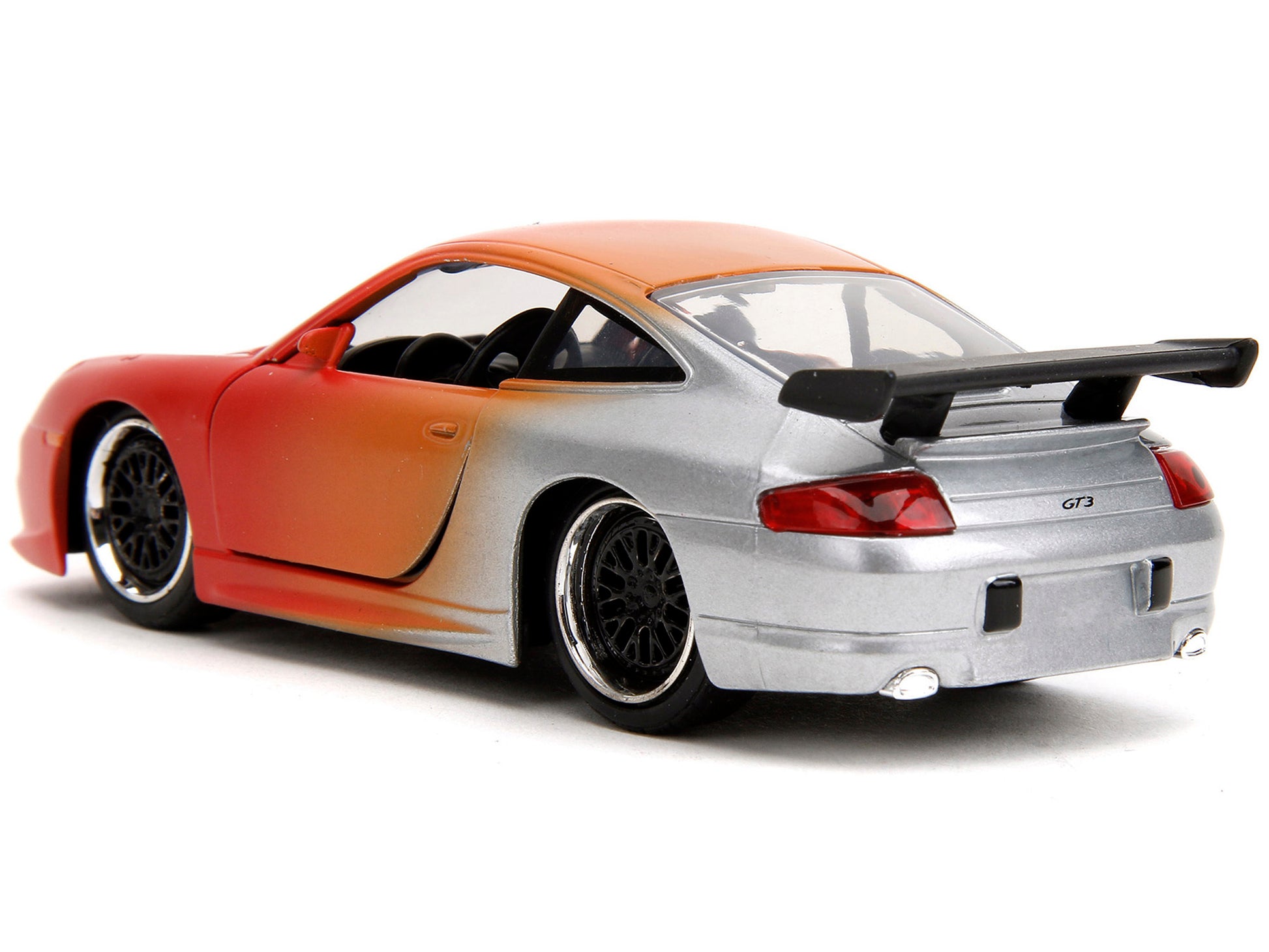 Diecast model car of a Porsche 911 GT3 RS in matte orange and silver, part of the "Pink Slips" Series by Jada, 1/32 scale.