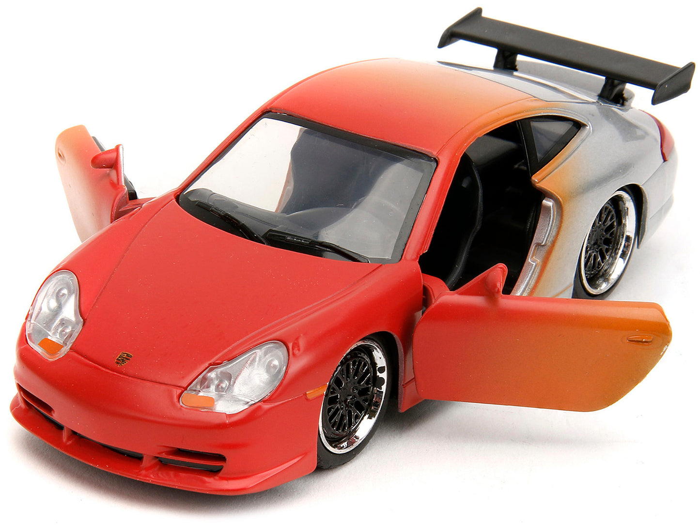Red, orange, and silver Porsche 911 GT3 RS diecast model car by Jada from the Pink Slips Series, detailed 1/32 scale Ford model.