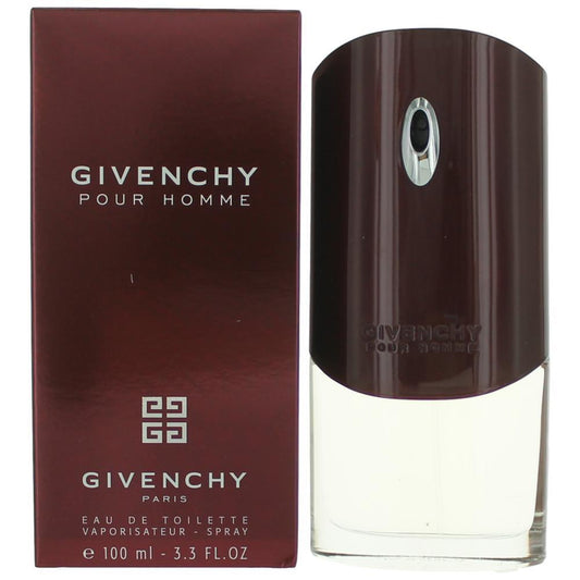 Givenchy Pour Homme men's Eau De Toilette spray in 3.4 oz bottle, fragrance with sophisticated scent and stylish packaging