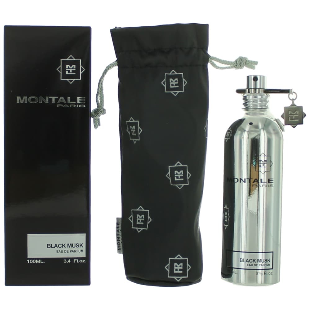 Montale Black Musk unisex Eau De Parfum spray bottle, 3.4 oz, featuring a sleek black packaging design.