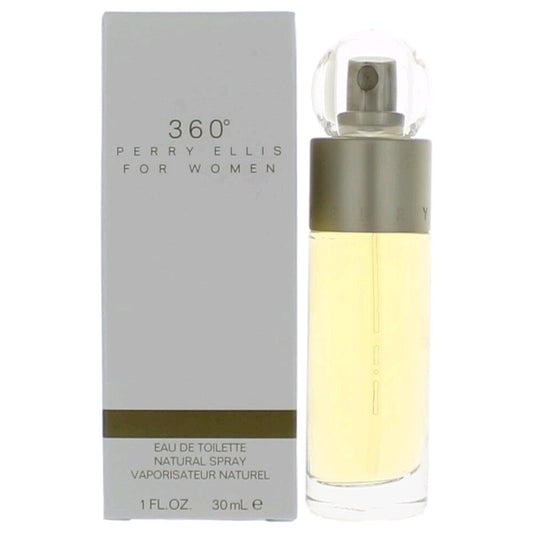 Perry Ellis 360 women's eau de toilette spray in 1 oz bottle, fragrance bottle with floral and fruity notes.