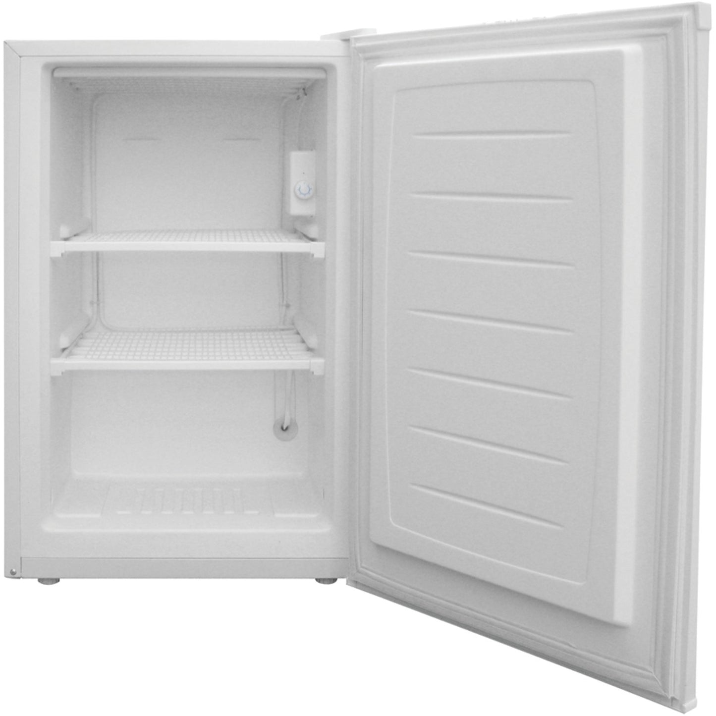 American Smart Magic Chef 3-cu ft upright freezer with white exterior, compact design, and adjustable shelves.